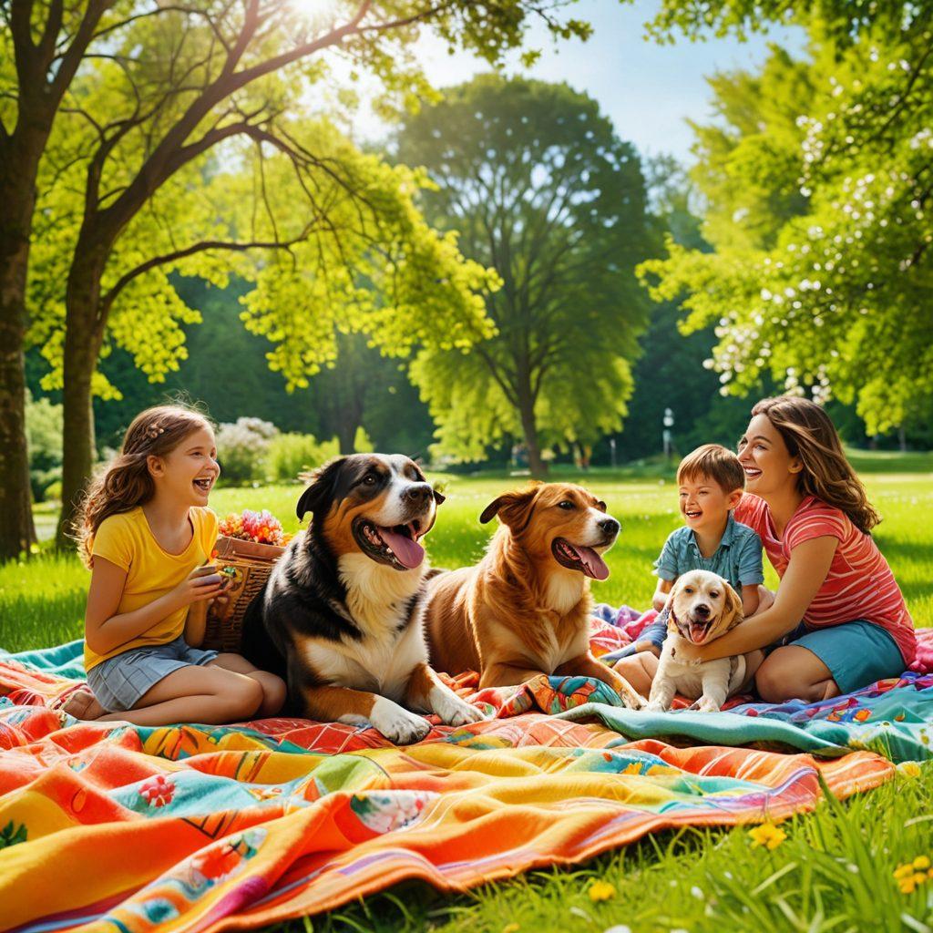 A bright and engaging scene depicting a joyful family picnic in a sunlit park, with children laughing, parents capturing candid moments with cameras, colorful blankets spread on the grass, blooming flowers, and a playful dog running around. Include vibrant, uplifting colors to evoke happiness and warmth. super-realistic. vibrant colors. nature background.