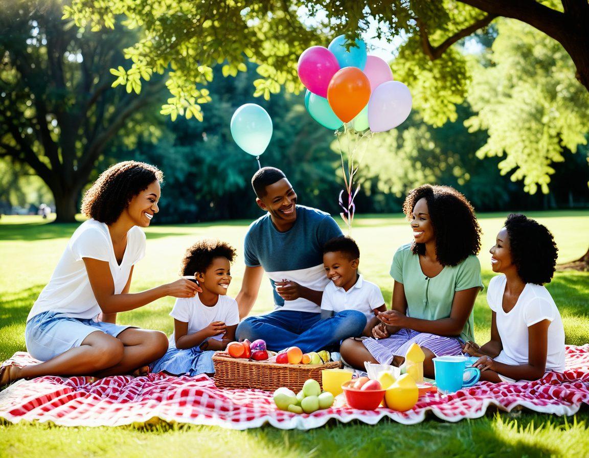 A warm family gathering with laughter and joy, capturing candid moments of diverse families enjoying a picnic in a sunlit park. Portraits of smiling faces framed like photographs in the foreground, highlighting the essence of cheerful memories. Soft light filtering through trees, with colorful balloons and a picnic blanket adding detail. painterly style. vibrant colors. warm tones.