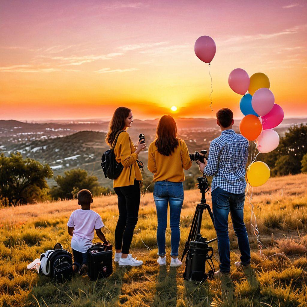 A visually striking composition featuring a variety of camera accessories like lenses, tripods, and filters, arranged playfully around a radiant sunset backdrop. Incorporate elements of joy, like colorful balloons and a capturing joyful moment of a family or friends taking a photo together in the scene. Highlight vibrant colors and a sense of warmth and happiness. super-realistic. vibrant colors. warm lighting.